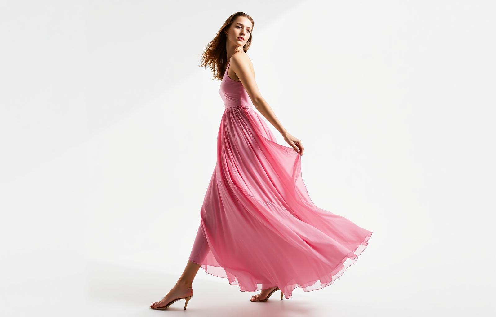 Model in pink chiffon dress